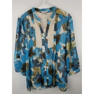 Christopher & Banks XL Women Tunic Top Blue Brown Lace Trim Pintucks Lined